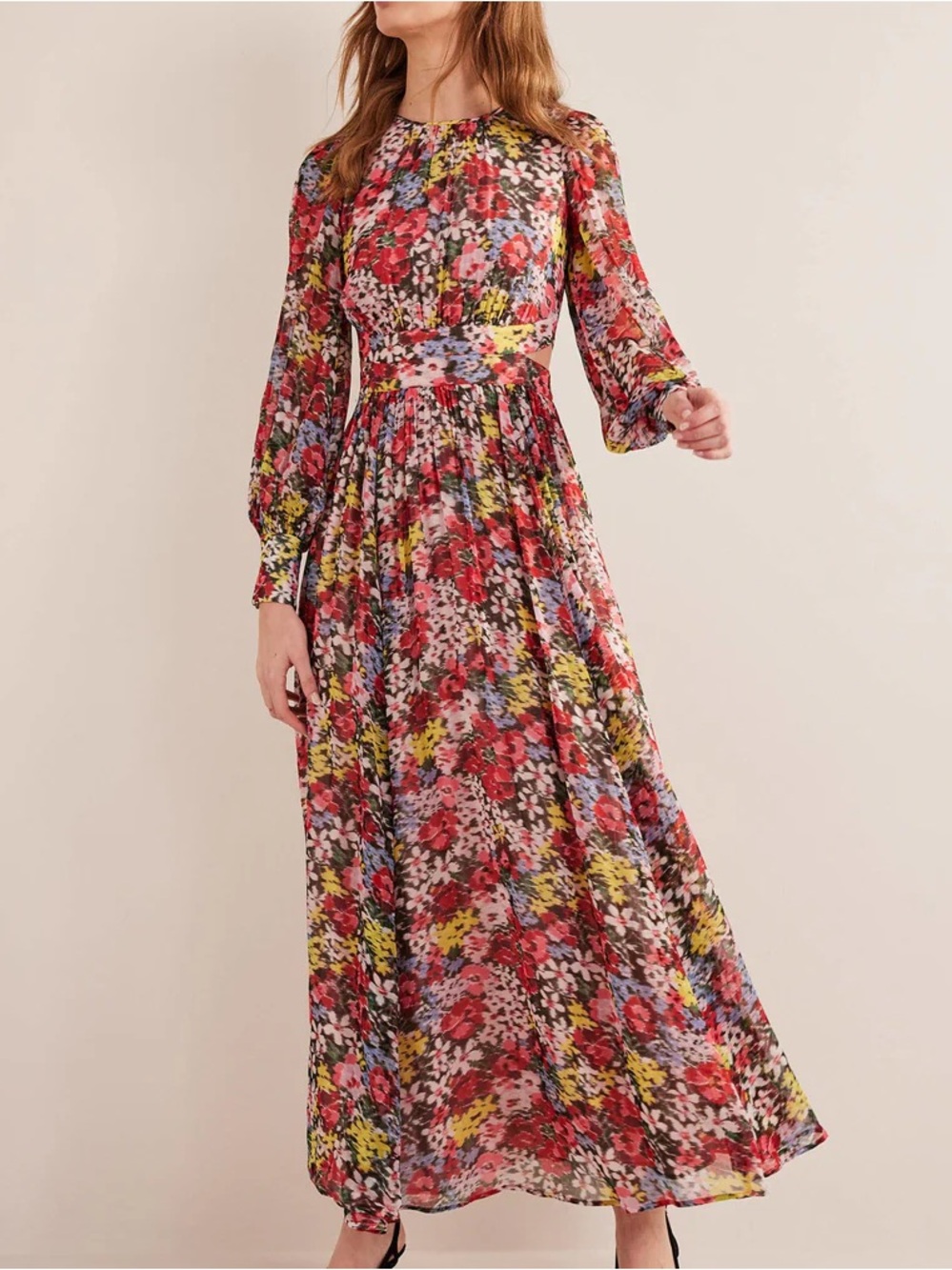 Boden Curved Waist Multi-Color Floral Long-Sleeve Maxi Dress Size 10P